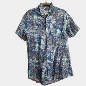 Izod Saltwater Cotton Button Down short Sleeve Nautical Tropical Sailboat Sail